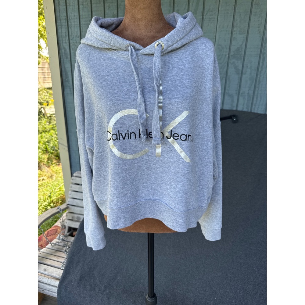 Calvin Klein Jeans Womens Gray Cropped Hoodie Silver Metallic Logo Size Large